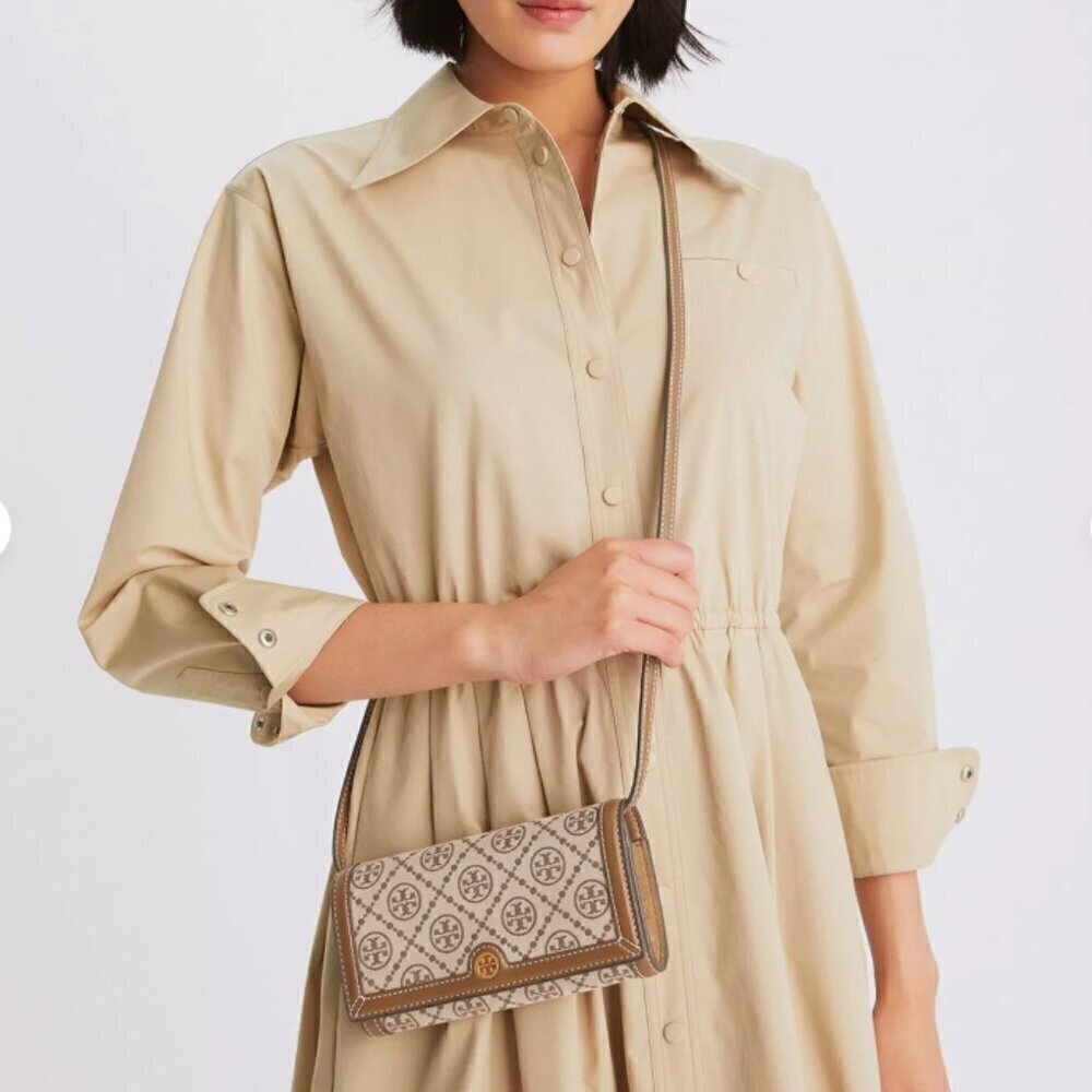 NEW! Tory Burch T Monogram Jacquard Wallet Crossbody -Hazelnut